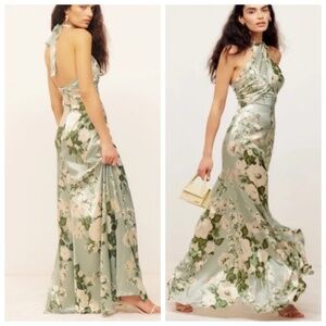 Reformation Veria Silk Maxi Dress Halter Tarragon Green Floral Gown Size 8